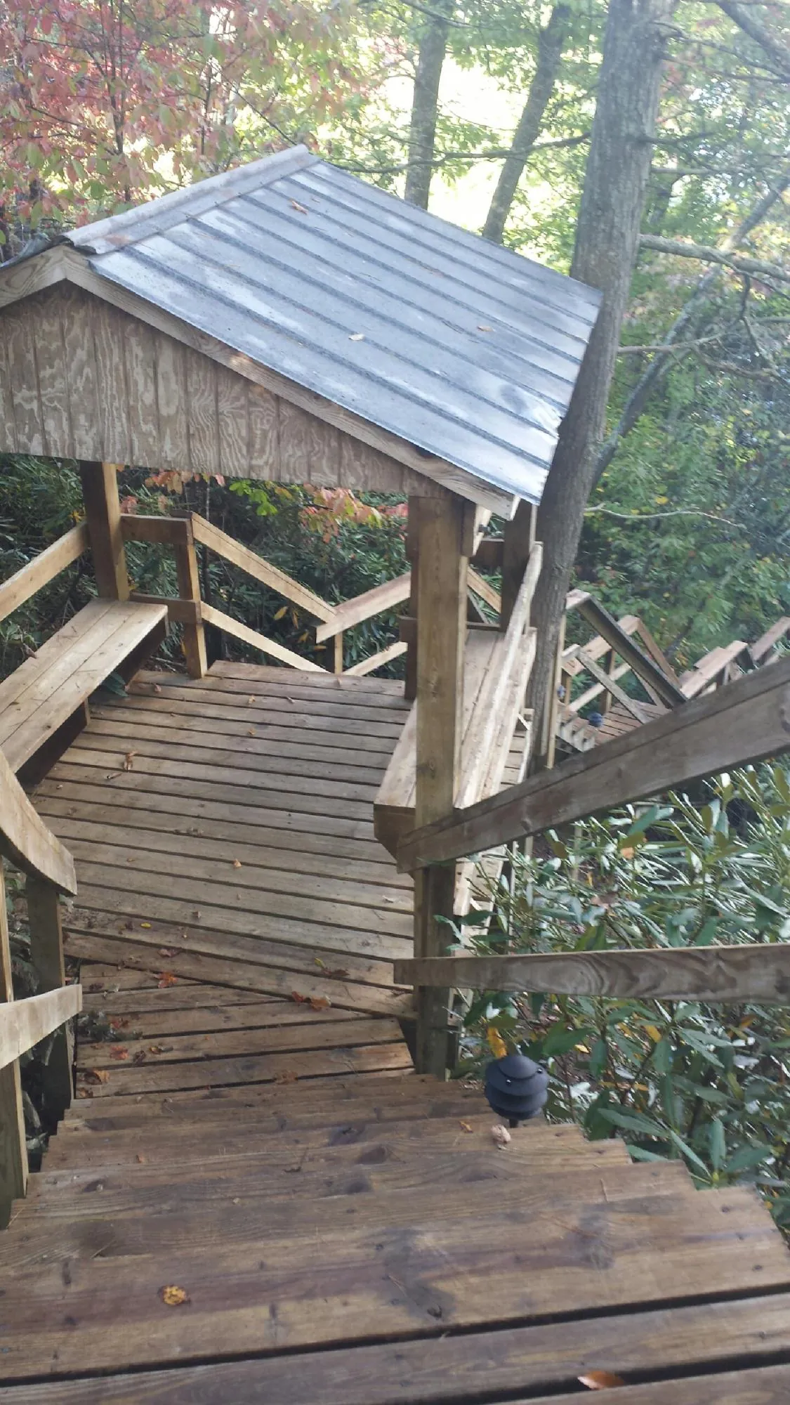 Metal roofed shelter over wooden steps on a wooded walkway — Skylight Repair & Installation work by our crew in Radiant